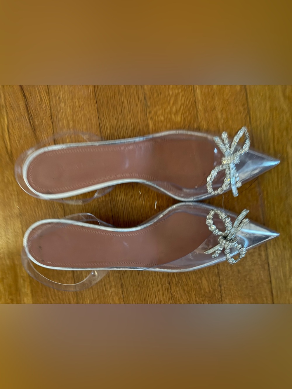 Amina Muaddi Clear Pointed Toe Slingback Flats with Crystal Bow